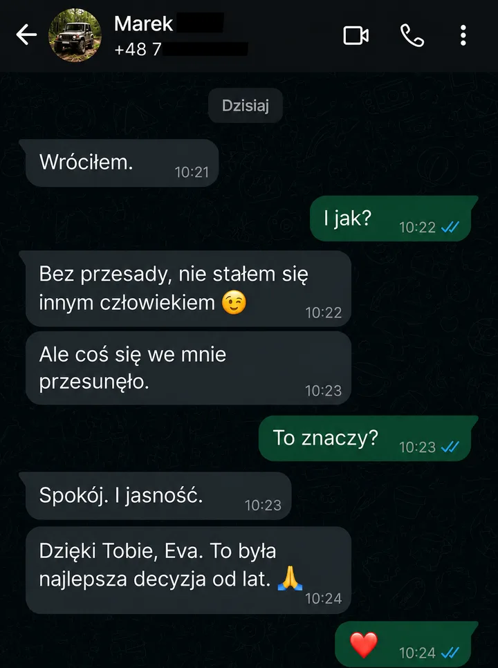 Wiadomość WhatsApp: coś się we mnie przesunęło, spokój i jasność, najlepsza decyzja od lat