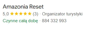 Wizytówka Google Amazonia Reset: ocena 5,0, organizator turystyki