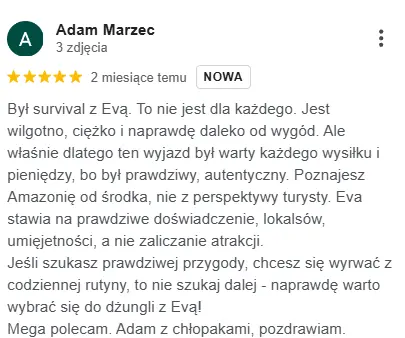Opinia Google Adama o wyprawie survival: prawdziwe doświadczenie, Amazonia od środka, nie z perspektywy turysty
